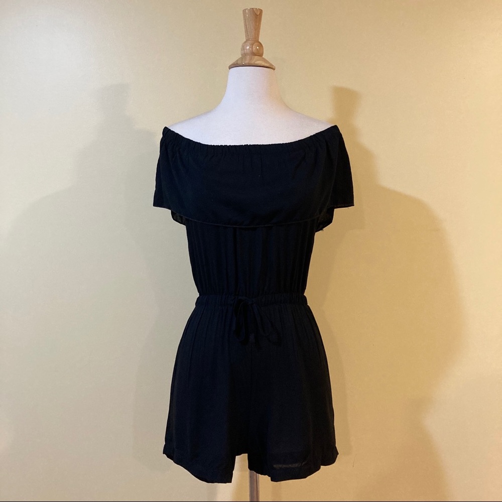 Ruffled Off Shoulder Tie Waist Romper Black - Picture 3 of 5